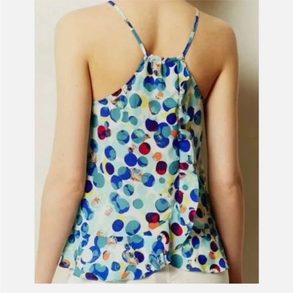 Anthropologie Maeve Zaballa 100% Silk Tank Aqua Motif Dotted Ruffled Sz 14 - Picture 9 of 10
